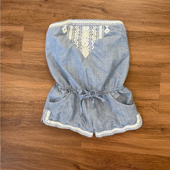 Hollister Womens Strapless Embroidered Chambray Romper Tie Waist Size S - Picture 2 of 10